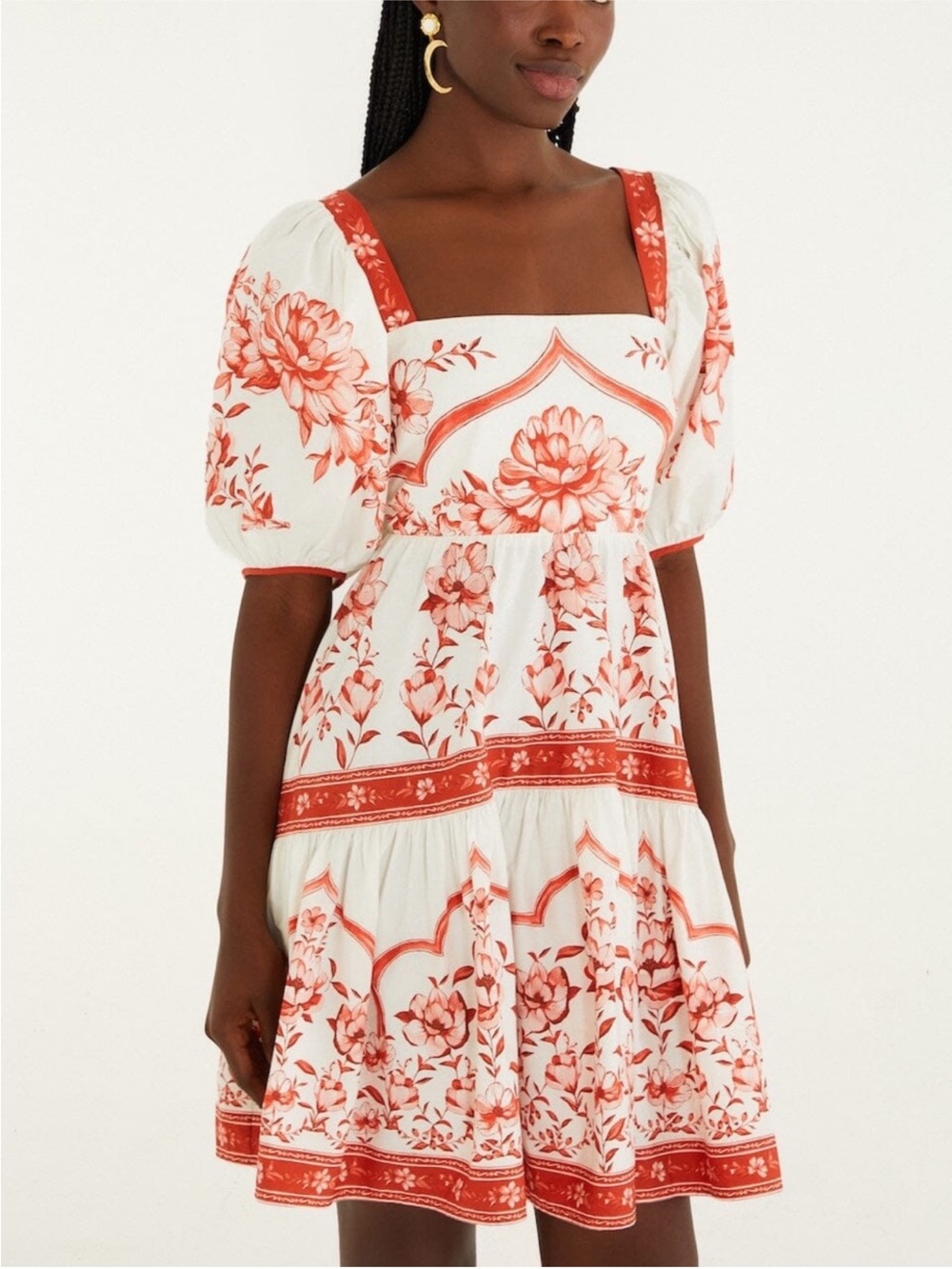 FARM Rio White and Red Floral Puff-Sleeve Square-Neck Dress